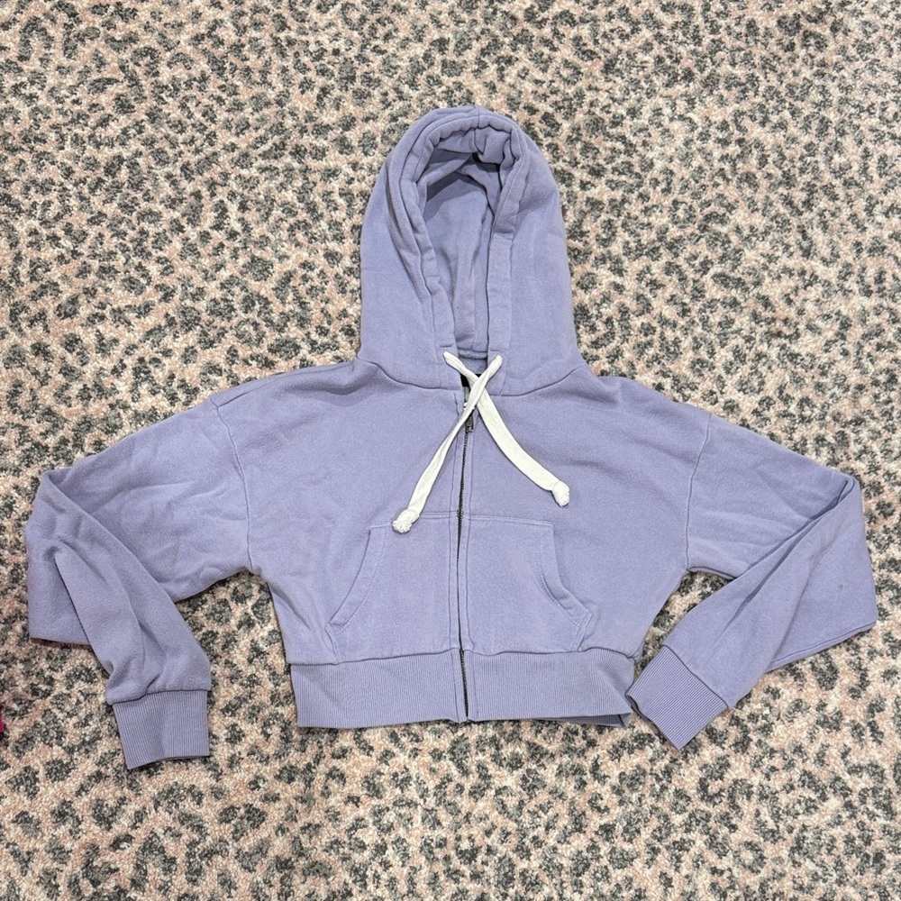 Katie J NYC Lavender Cropped Hoodie with White Drawstrings